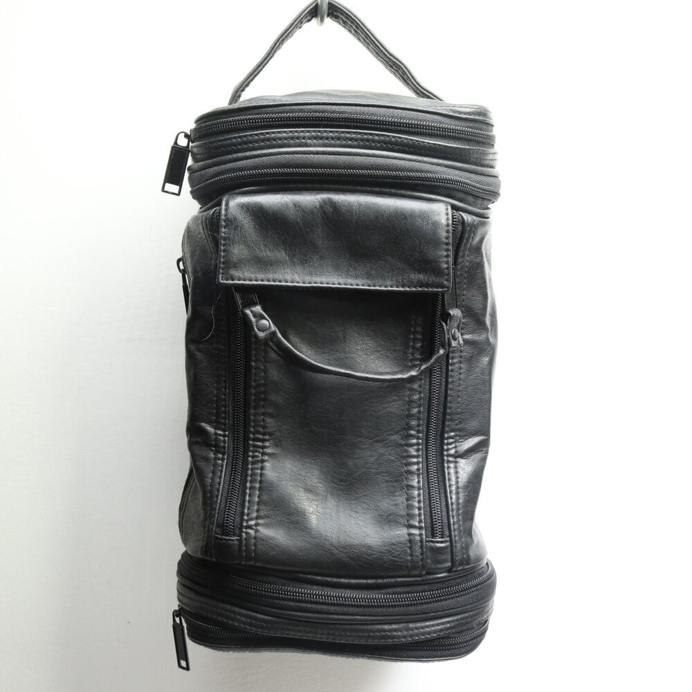 Black Leather Travel Makeup Dopp Bag S Duffel Multi Pockets Zipper Collapsible